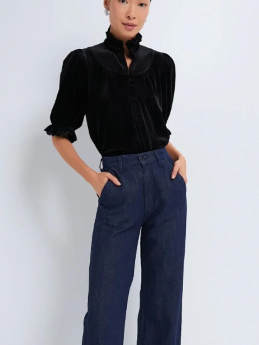 Black Velvet Ruffle Collar Blouse - Women Tops
